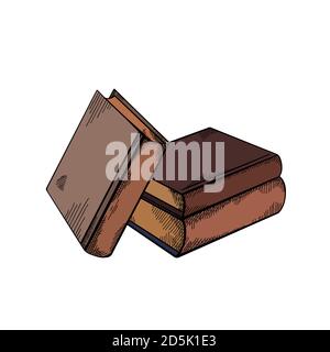Sketch piles of books with hatching. Engraving coloring drawing. Knowledge and wisdom. Old books from the library. Vector image for badges, cards, sli Stock Vector