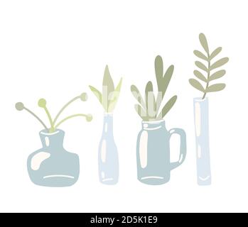 Set of flat hand drawn glass vases and cans with bouquets of herbs and leaves. Elements of the lagoon decor. Vector gently drawn objects for cards, in Stock Vector