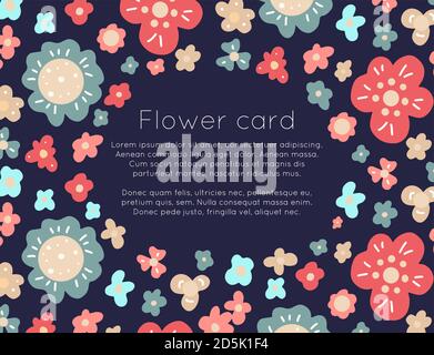 Horizontal floral card with place for text. Flat hand drawn flowers on dark background. Vector natural element for invitation, greeting cards, banners Stock Vector