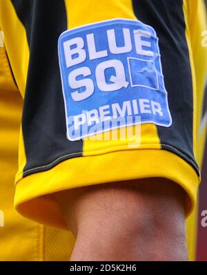 Detail view of Blue Square Premier branding on a Fleetwood Town shirt Stock Photo
