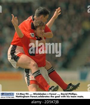 13-May-95 .... Wimbledon v Forest .... David Phillips, Nottingham Forest, celebrates the goal with his team mate. Stock Photo