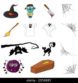 Halloween symbols. Vector collection of spooky icon set for party invitation. Creepy cartoon design element isolated on white. October vectors with zo Stock Vector