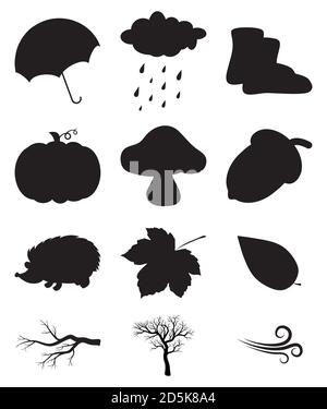 Autumn silhouette icon set. Black and white autumnal cartoon symbols collection isolated on white. Monochrome seasonal illustration elements. Vector i Stock Vector