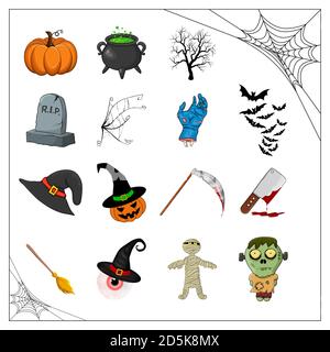 Halloween vector collection of spooky illustration isolated on white. Cartoon symbols for creepy holiday celebration. October scary icons for party in Stock Vector