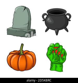 Halloween icon set. Spooky vectors collection for october holiday. Creepy cartoon set for party invitation. Design with pumpkin, empty witch cauldron, Stock Vector