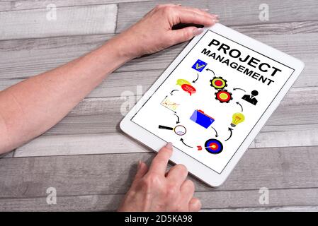 Project management concept shown on a tablet used by a woman Stock Photo