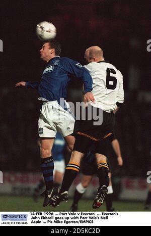 14-FEB-1996 ... Port Vale v Everton  ... Everton's John Ebbrell goes up with Port Vale's Neil Aspin Stock Photo