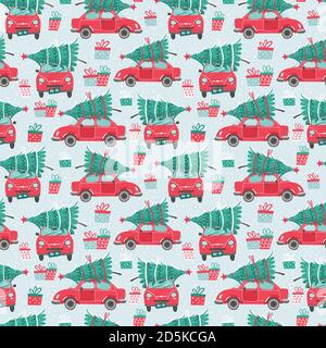 Vector seamless pattern with red car and Christmas tree. Christmas picture. Red pickup. New year illustration surface delivery service. Stock Vector