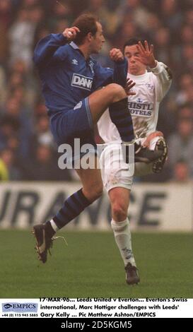 17-MAR-96.  Leeds United v Everton.  Everton's Swiss international, Marc Hottiger challenges with Leeds' Gary Kelly Stock Photo