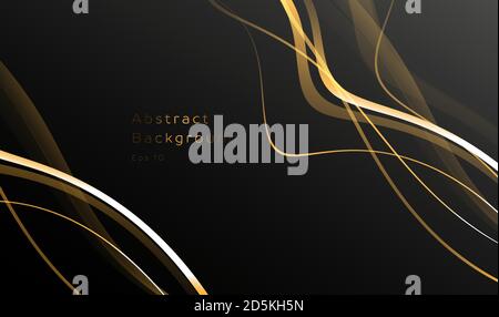 Abstract cover or wallpaper with golden stripes swirls on both edges of the composition, black empty space with ornament Stock Vector