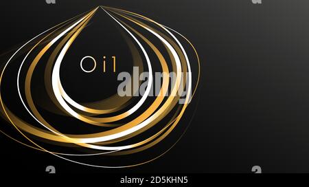 Abstract illustration of oil drop made of golden lines on black background, corporate style poster or presentation cover Stock Vector