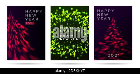 Set of festive holiday posters with abstract illustrations of christmas tree and firework in shape of wreath, greeting banners, isolated Stock Vector