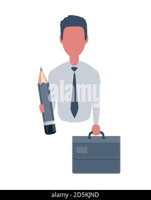 Businessman or clerk holding a suitcase and a pencil. Male character in simple style, flat illustration. Business concept. Stock Vector