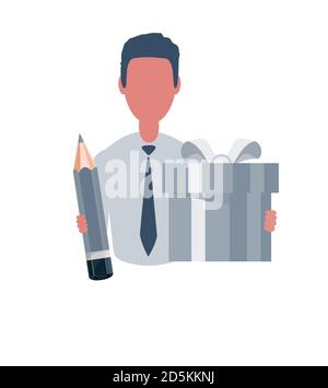 Businessman or clerk holding a gift box and a pencil. Male character in simple style, flat vector illustration. Business concept. Isolated on white Stock Vector