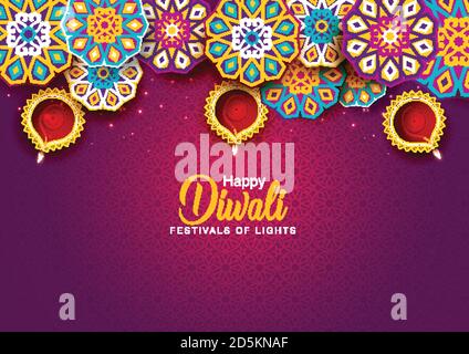 Happy Diwali celebration background. Top view of banner design decorated with illuminated oil lamps on patterned yellow background. vector illustratio Stock Vector