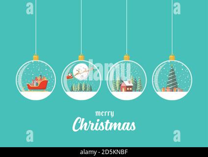 Set of Merry christmas glass balls hanging on blue background. Vector illustration Stock Vector