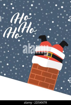 Santa claus stuck in the chimney with Ho Ho Ho text. Greeting card poster. Vector illustration Stock Vector