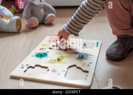 17-month child playing with a wooden jigsaw puzzle, fitting shapes of animals Stock Photo