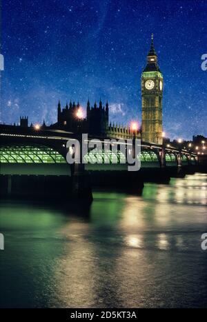 Big Ben Westminster bridge at night with stars Stock Photo