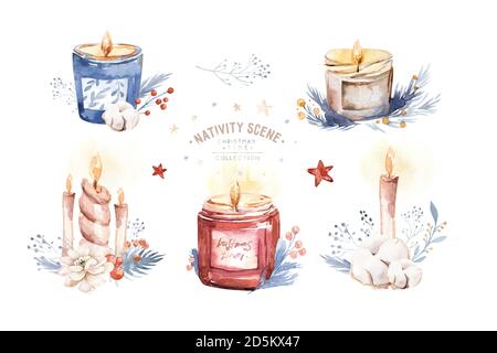 Watercolor Christmas Candles set. Holiday design decoration card. Stock Photo