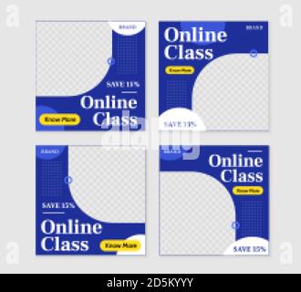 Online classes square post ad template illustration set. Promotional banner for social media post, web banner and flyer illustration. Stock Vector