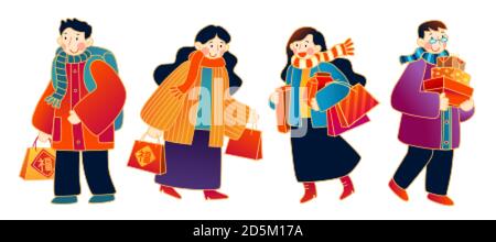 Set of Asian people holding shopping bags and gift boxes, isolated on white background, Translation: good fortune Stock Vector