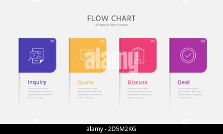 Four square elements placed in horizontal row. Diagram representing four stages of business process flow chart. Stock Vector