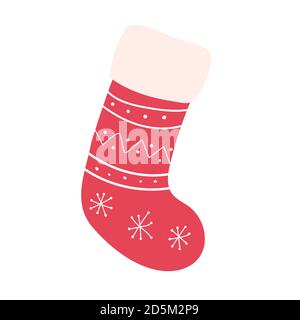 Hand drawn Knitted sock with Christmas pattern. red and white Winter accessories. Vector illustration. Stock Vector