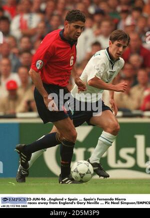 22-JUN-96 ..England v Spain ... Spain's Fernando Hierro races away from England's Gary Neville