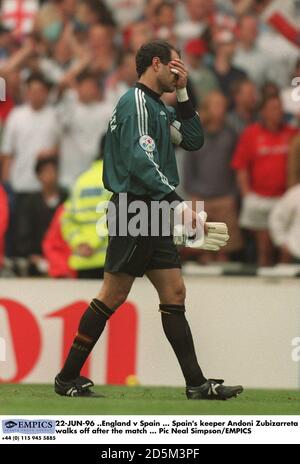 22-JUN-96 ..England v Spain ... Spain's keeper Andoni Zubizarreta walks off after the match
