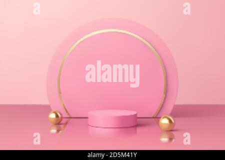 Product display podium decorated with pearls and circle paper background in cherry blossom pink tone, 3d illustration Stock Vector