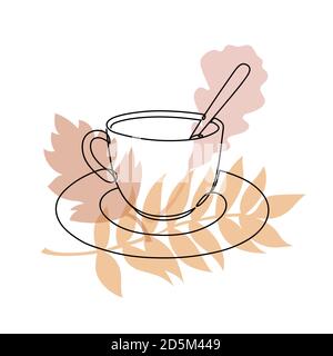 Cup in a hand drawn linear style with colorful abstract stains. Isolated on white. Stock Vector