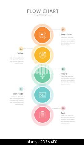 Five connected round elements placed in vertical row. Diagram representing five stages of business process flow chart. Stock Vector