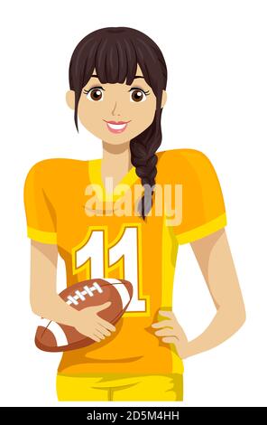 Illustration of a Teenage Girl in Tackle Position and Holding a Football Stock Photo
