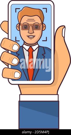 Facial recognition system.Face ID.Human hand holding smartphone. Stock Vector