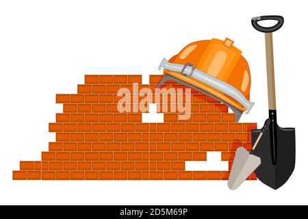 Bricklaying icon on white background. Brick laying sign with helmet, brick, shovel and trowel. Labour day.Workers day.Construction company logo.Vector Stock Vector