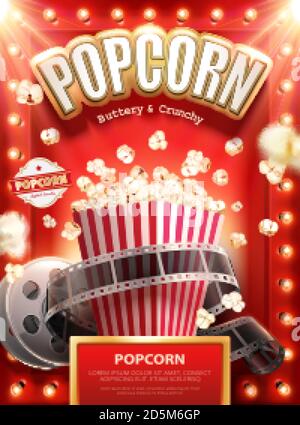 Classic buttery and crunchy popcorn ads with film roll on red background, 3d illustration Stock Vector