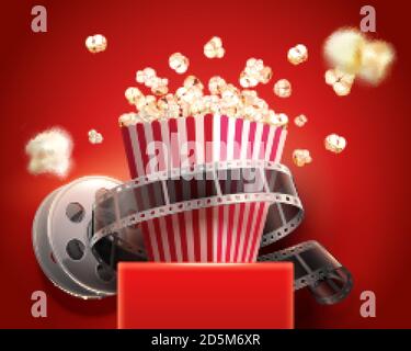 3d illustration of striped paper box with popcorns over red stand with a cinema reel over red background Stock Vector