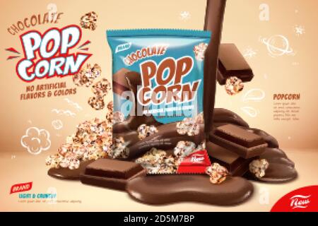 Chocolate popcorn ads, pouring liquid chocolate on popcorns and chocolate pieces design element in 3d illustration Stock Vector