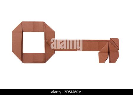Origami paper copper key on a white background Stock Photo