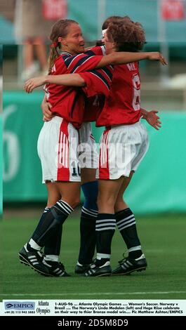 1-AUG-96 ... Atlanta Olympic Games .... Women's Soccer. Norway v Brazil .... The Norway's Linda Medalen (left) and Hege Riise celebrate on their way to their Bronze medal win  Stock Photo