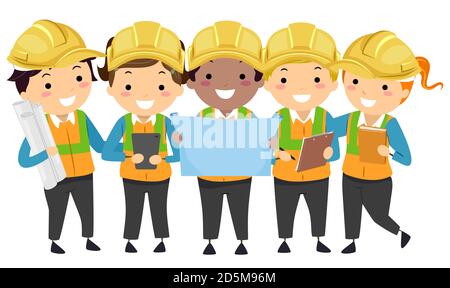 Illustration of Stickman Kids Wearing Yellow Construction Hard Hats and Looking at Blue Print Stock Photo