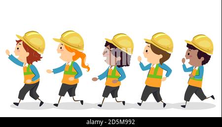 Illustration of Stickman Kids Wearing Yellow Construction Hard Hat Walking to the Right Stock Photo