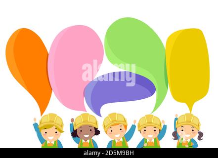 Illustration of Stickman Kids Wearing Construction Yellow Hard Hats with Blank and Colorful Speech Bubbles Stock Photo