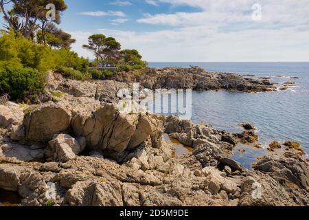 View of the tip of Cala Pedrosa on the coastal path from Sa Conca to Platja d'Aro. Sant Feliu de Guixols, Costa Brava, Catalonia, Spain Stock Photo