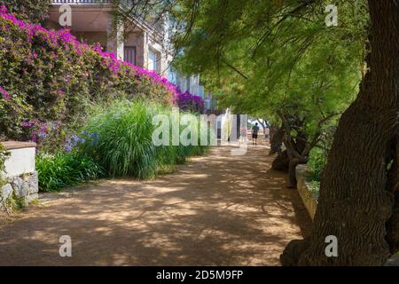 The coastal path runs along the cliffs along the coast and the spectacular mansions in this area. Sant Feliu de Guixols, Costa Brava, Catalonia, Spain Stock Photo