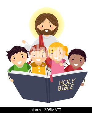 Illustration of Stickman Kids Reading the Bible with Jesus Christ Stock Photo
