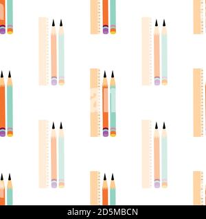 Sets of pencils and rulers seamless vector pattern on a white background. Geometric backdrop with alternating vertical rows of bright and pastel pens Stock Vector