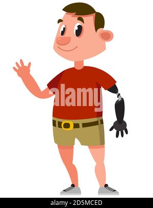 Man with prosthetic arm. Standing male character. Stock Vector