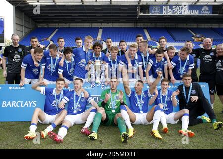 Everton players celebrate with the Under 18 Premier League trophy Stock Photo